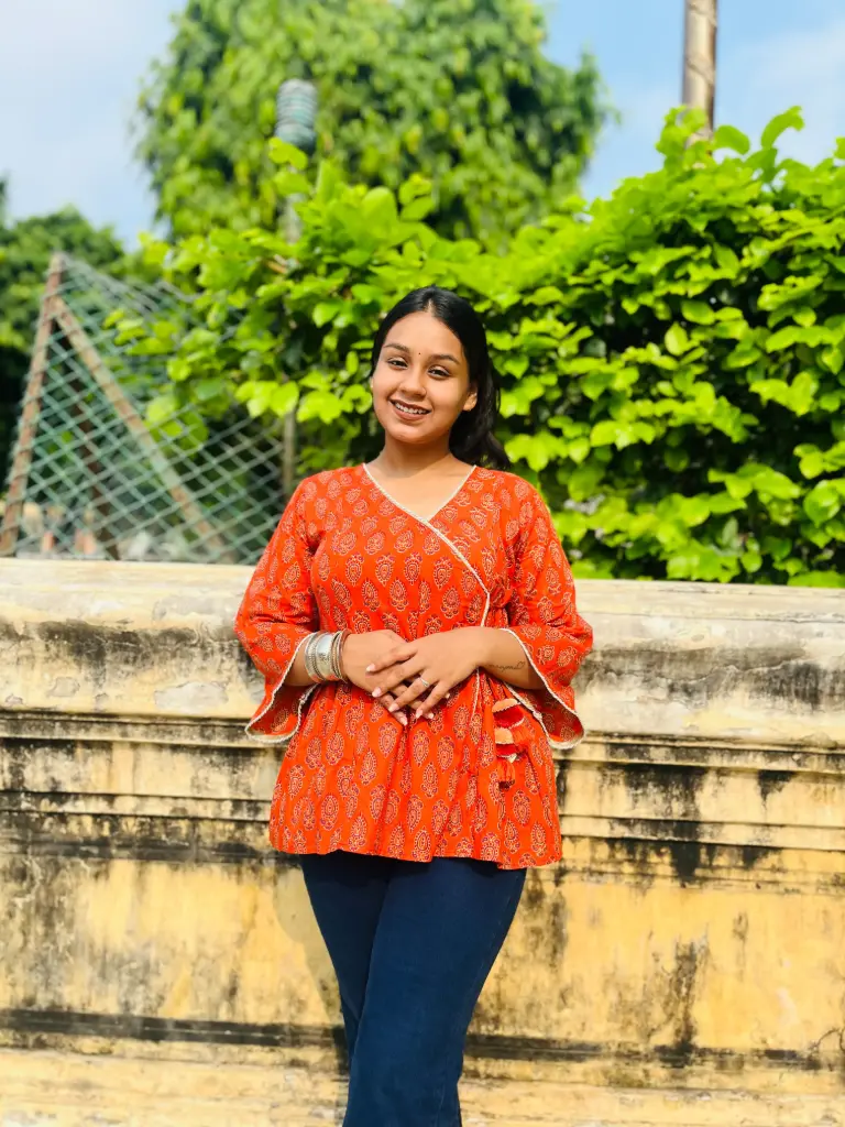 Noor-Elegant Orange Ethnic Kurti with Traditional Block Print and Handcrafted tassels 