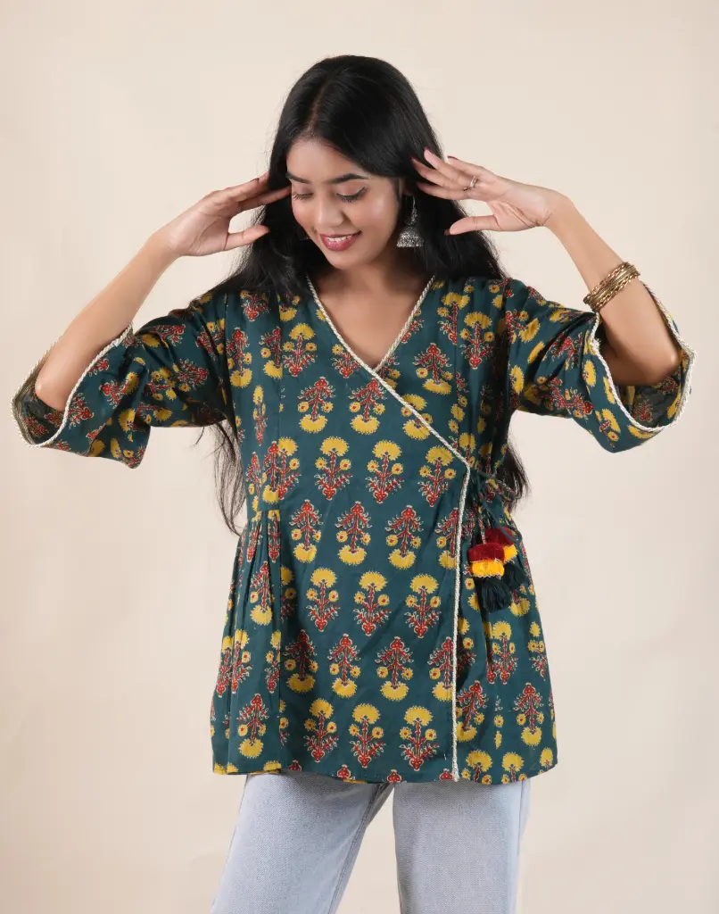 Gulzar-Women’s Green Cotton Kurti – Ethnic Block Print Design