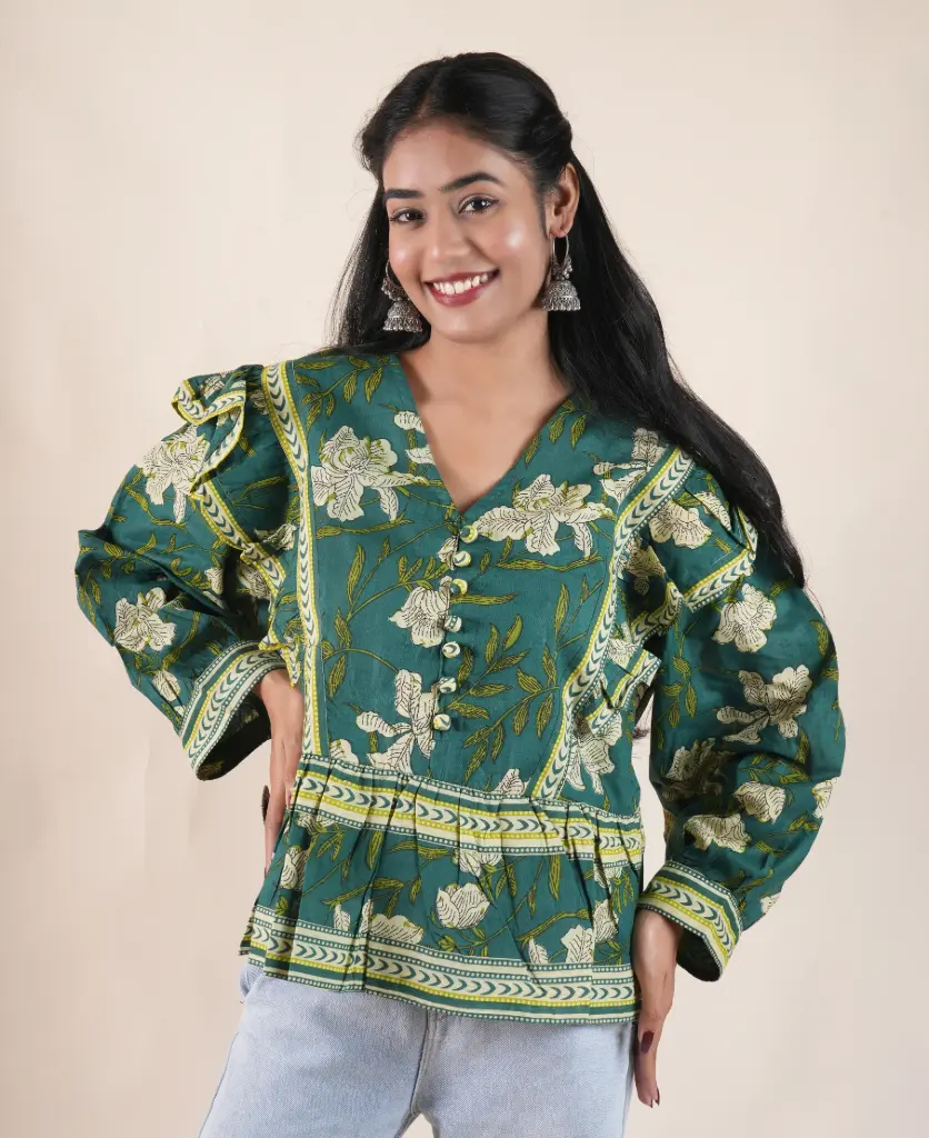 Ivanya-Green Floral Designer Cotton Top