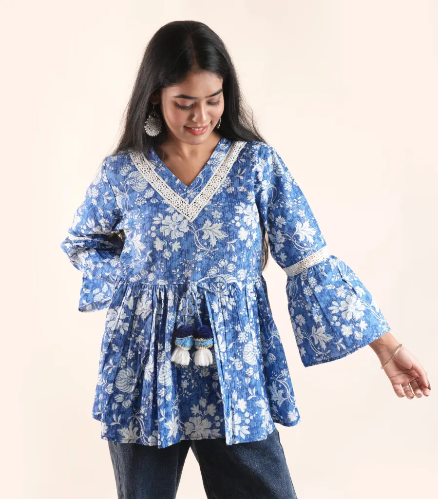 Indigo Petal-Blue Floral Print Kurti With Tassels Work
