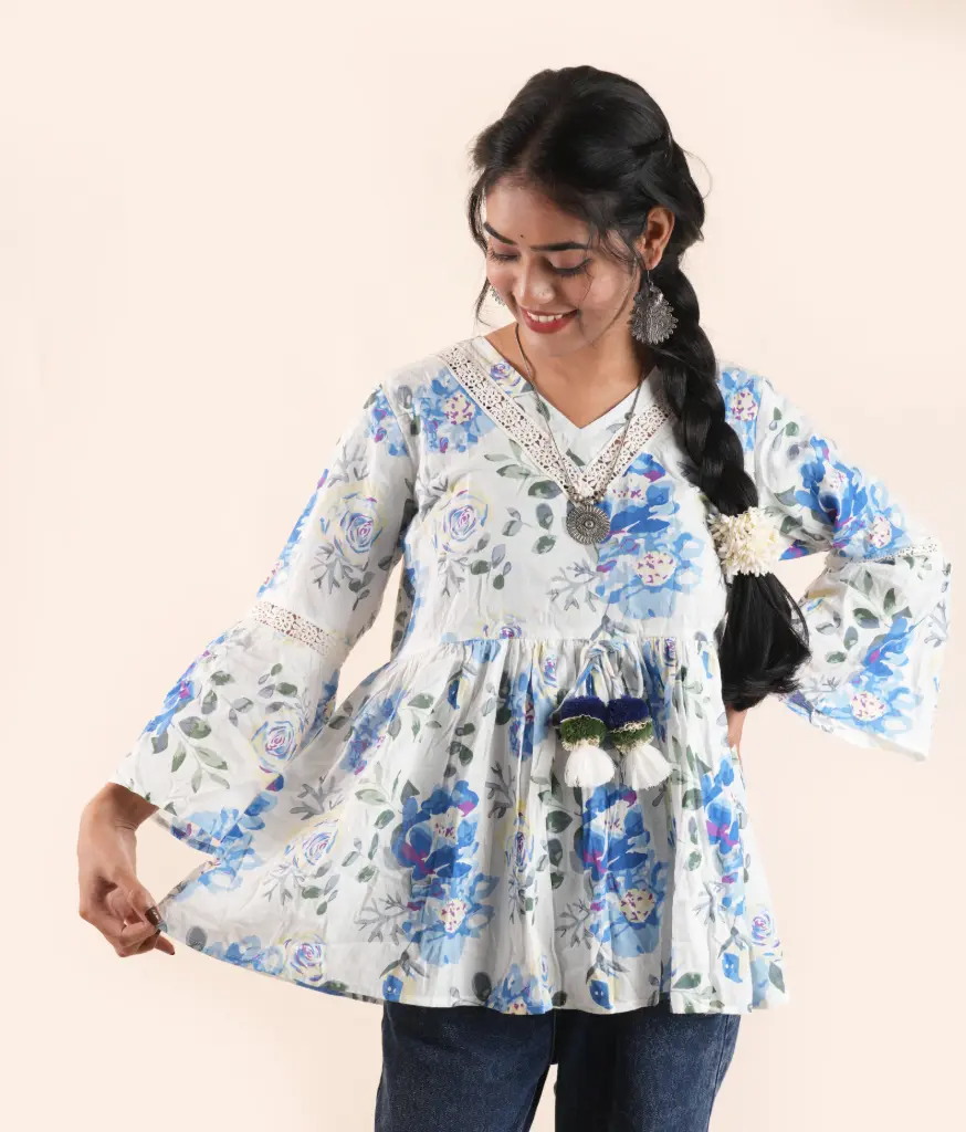 Blue blossom-White Floral Cotton kurti with Tassels