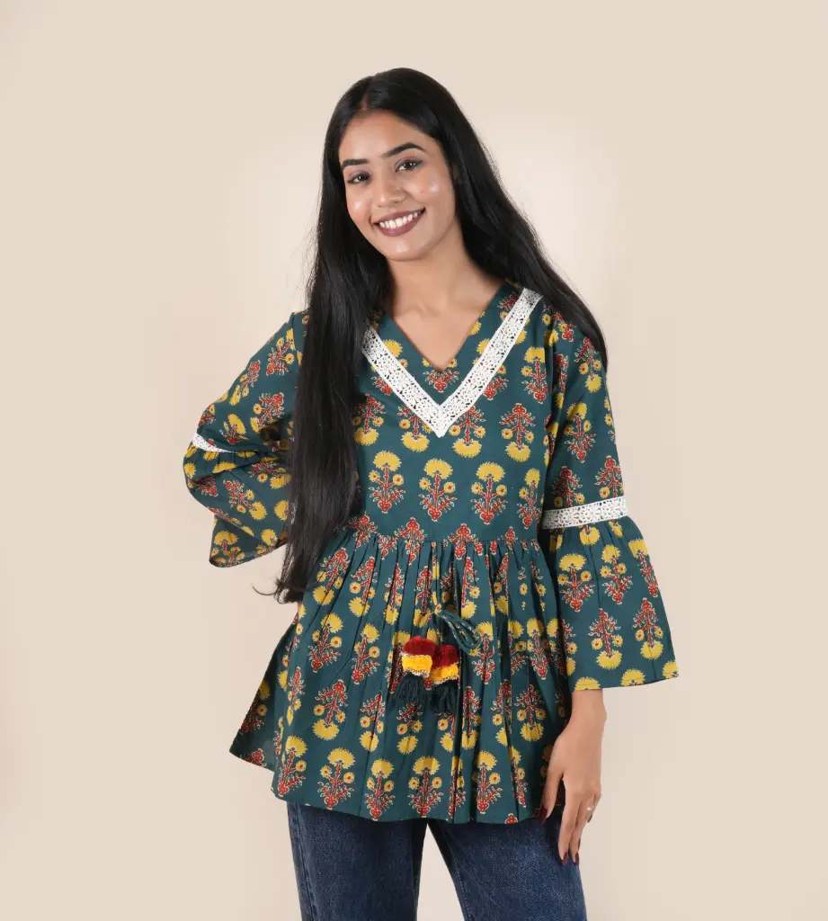 Bloom Charm-Green Cotton Kurti with Ethnic Block Print Design