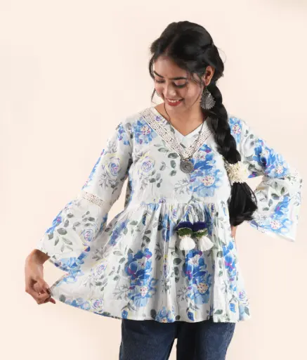 Blue blossom-White Floral Cotton kurti with Tassels