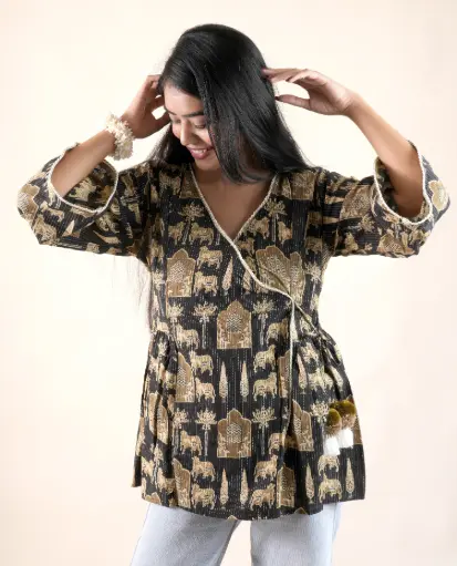 Heritage tale-Black Cotton Printed Kurti with Golden Ethnic Motifs and Pom-Pom, Tassels
