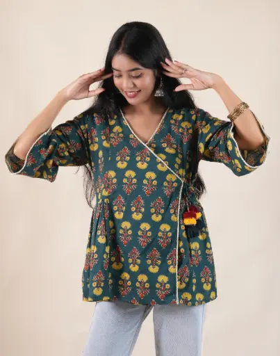 Gulzar-Women’s Green Cotton Kurti – Ethnic Block Print Design